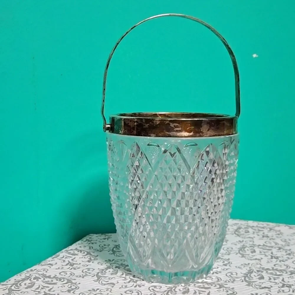 Vintage Deco Leaded Crystal Ice Bucket Waffle Glass Luxury Barware